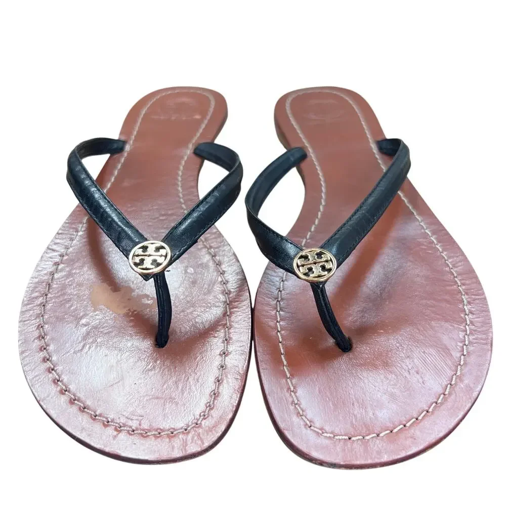 Tory Burch Charm Black Leather Flip Flop Strap  Sandals 8.5